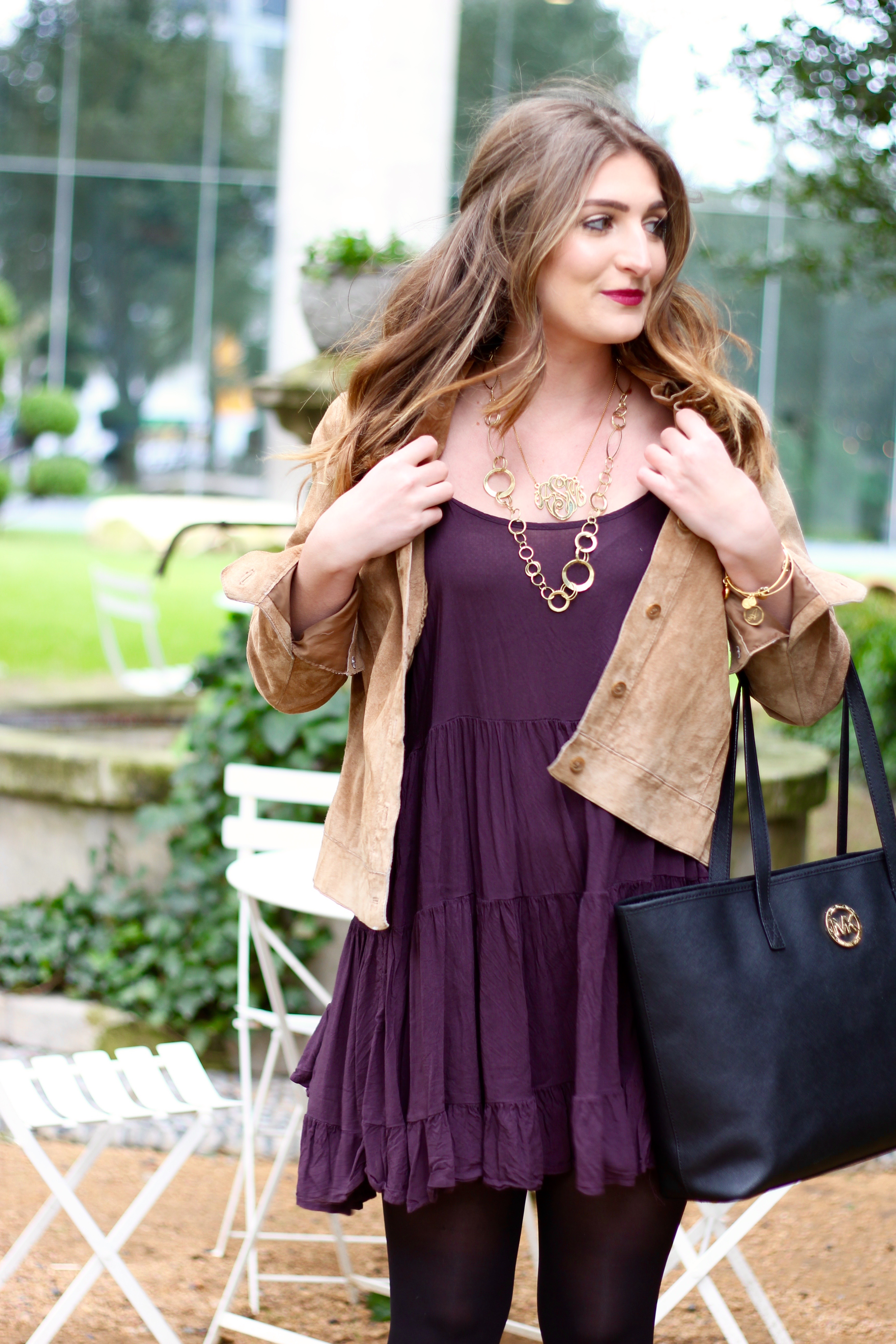 purple flowy dress from summer to winter