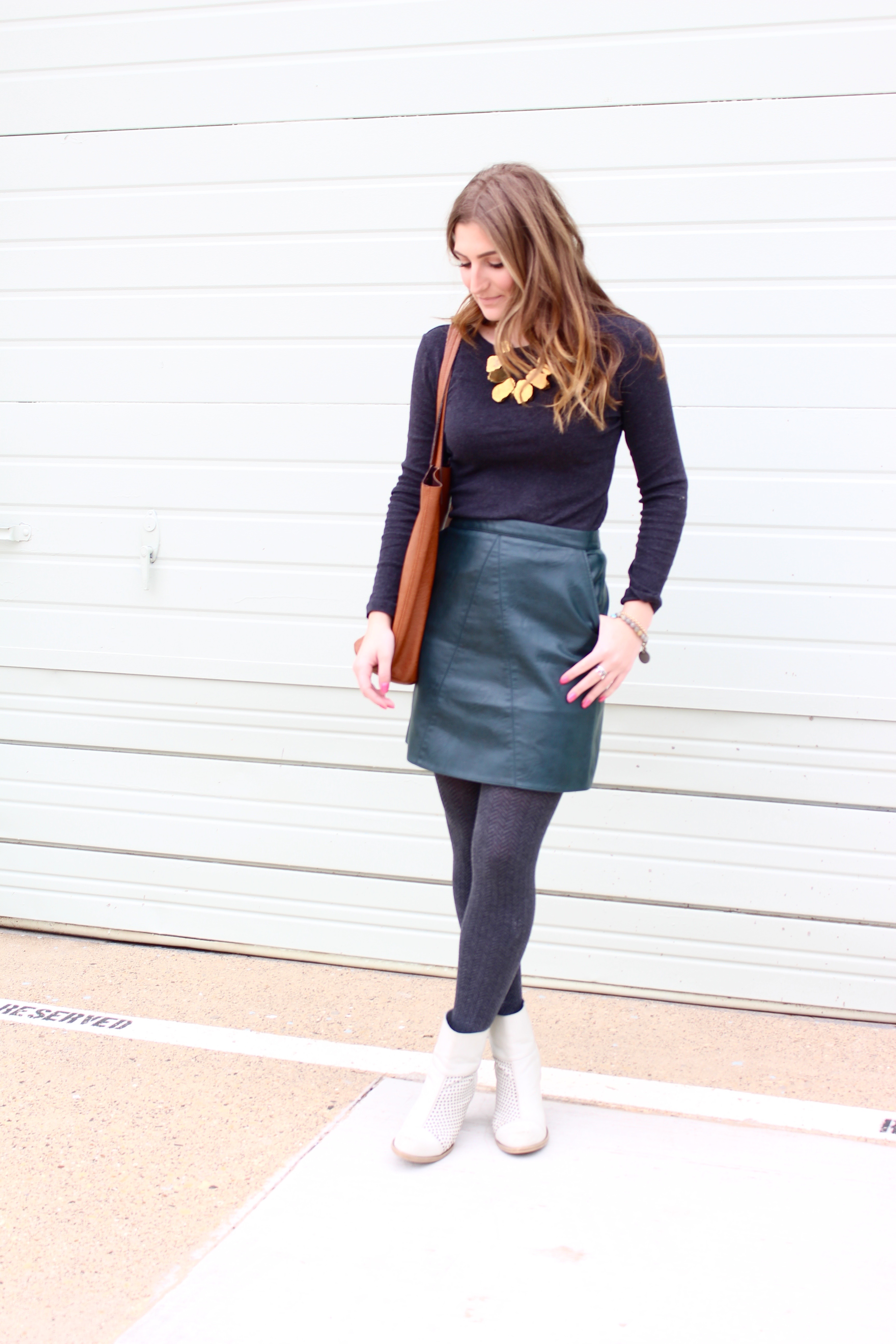 zara leather skirt super affordable - Green Leather Skirt by popular Texas fashion blogger Audrey Madison Stowe