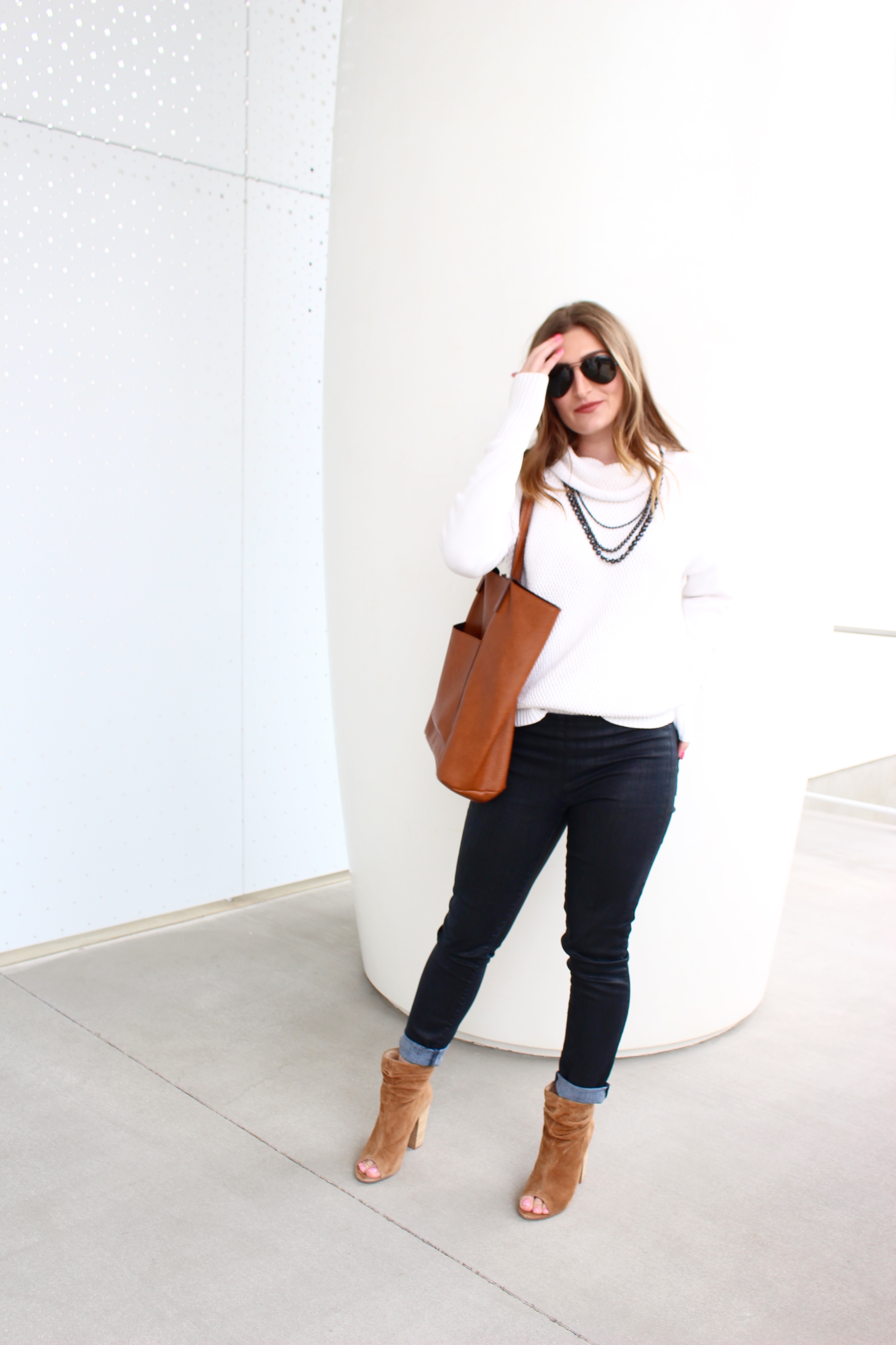 white turtleneck and peep toe shoes