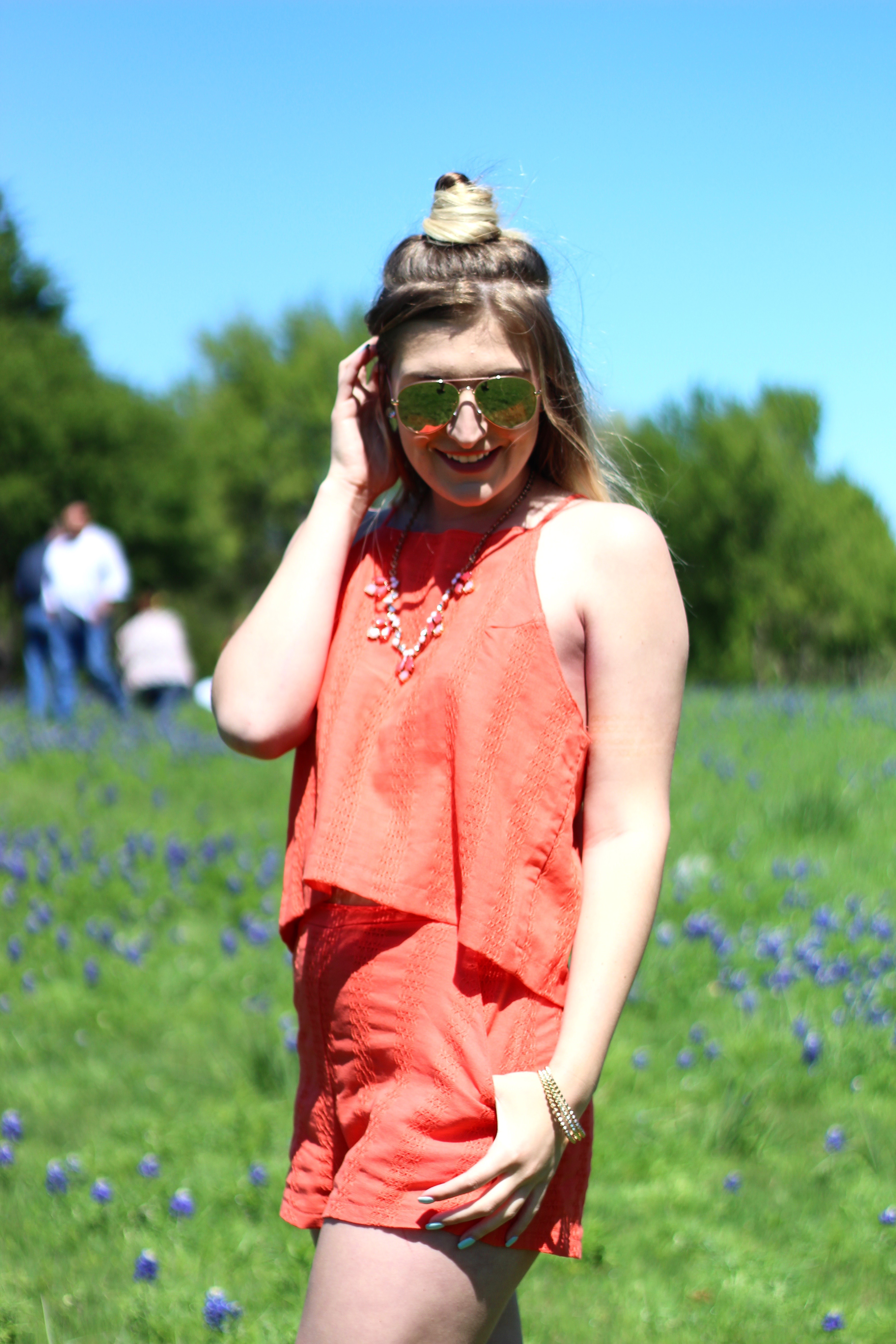 blue bonnets in texas in an orange set