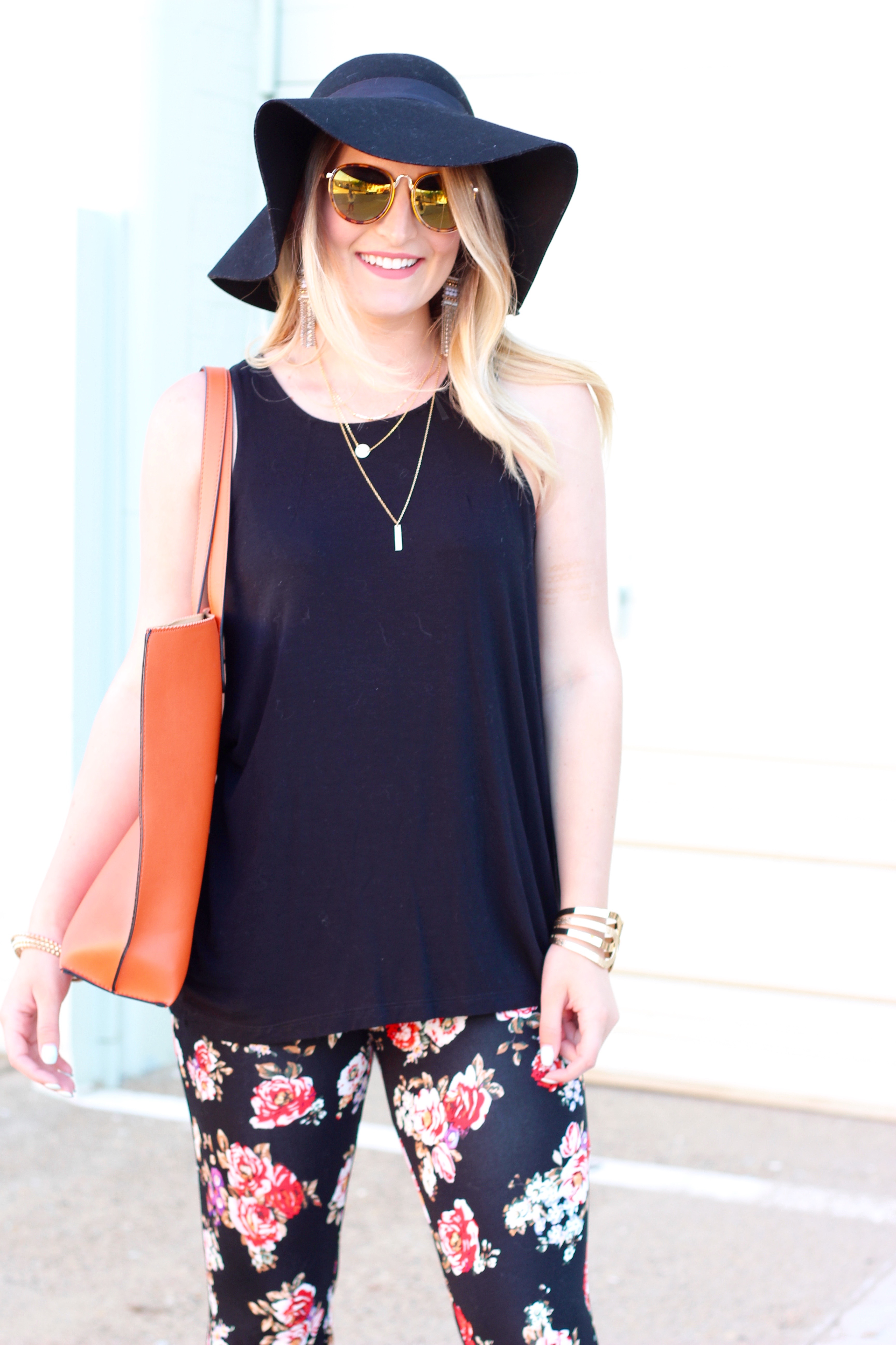 orange bag and floral pants for summer