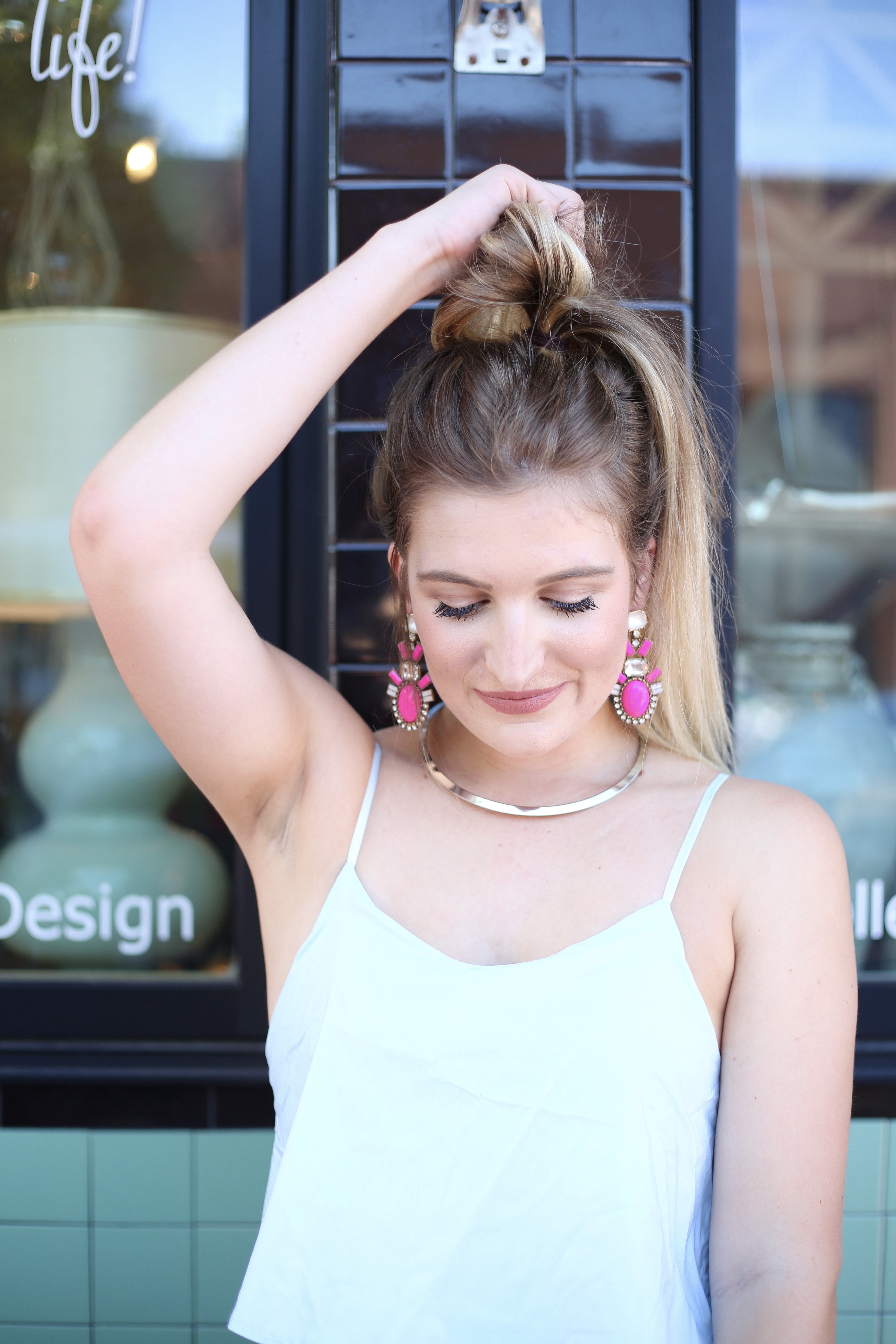 Light Blue Romper & Pink Statement Earrings | AMS Blog