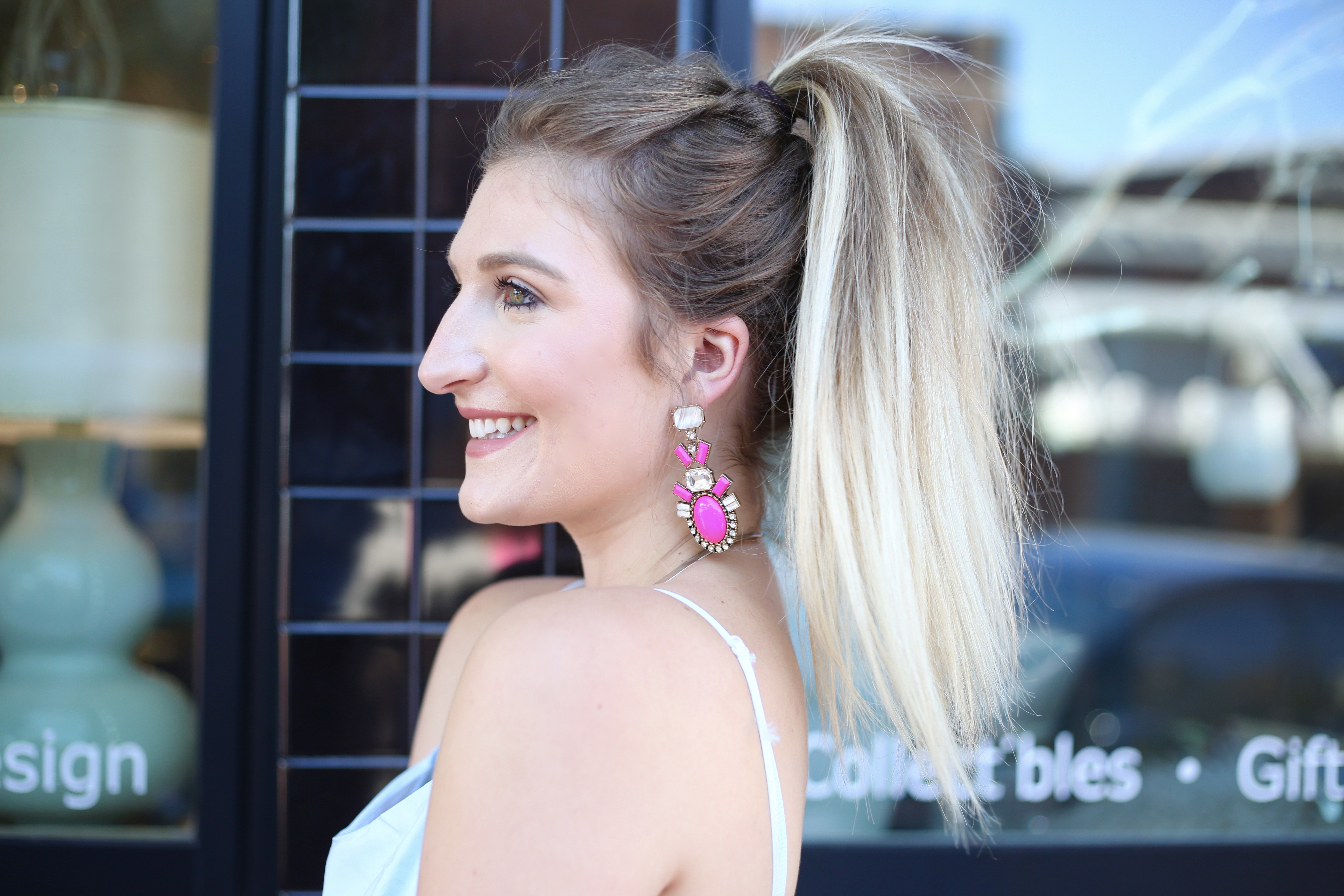 Light Blue Romper & Pink Statement Earrings | AMS Blog