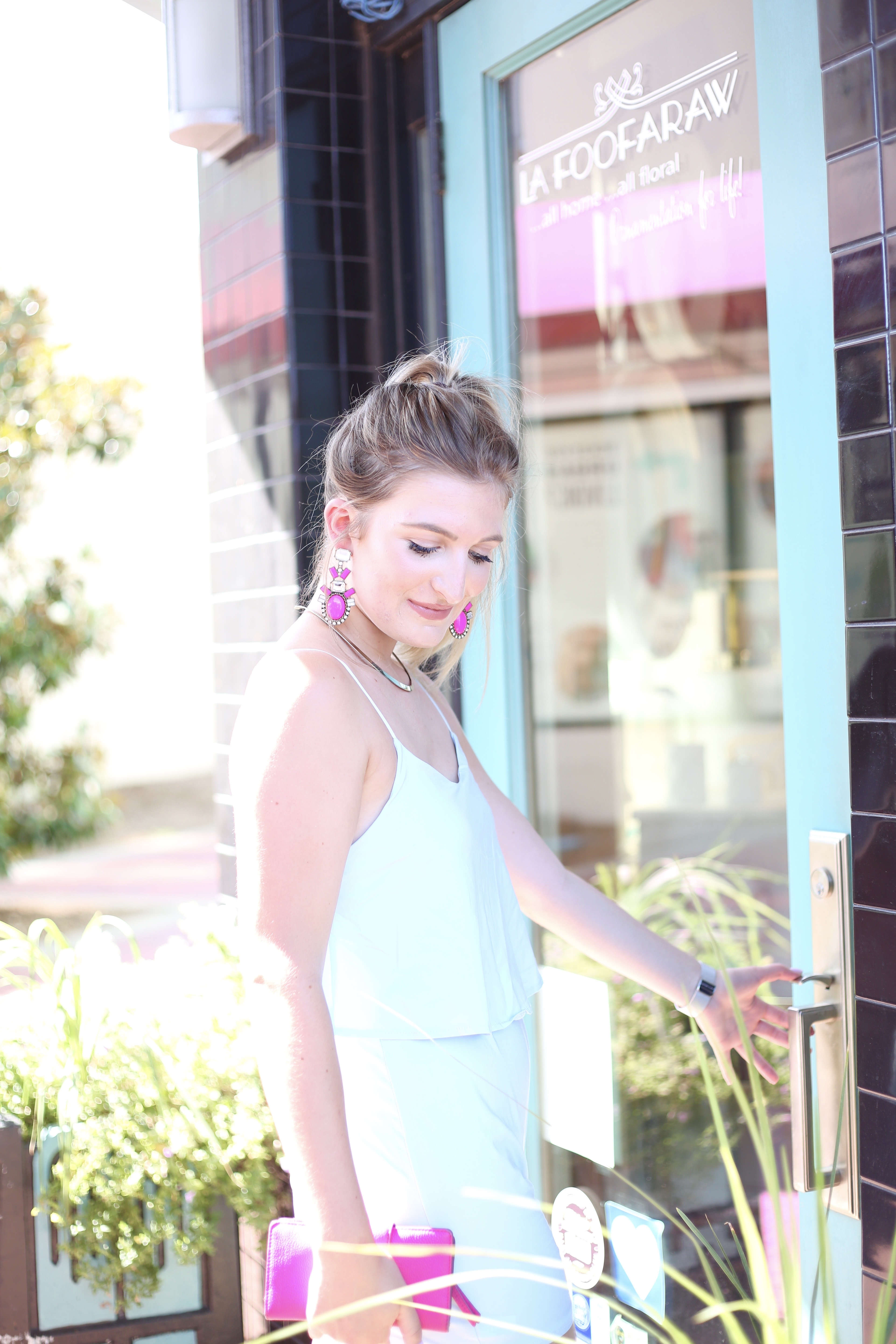 Light Blue Romper & Pink Statement Earrings | AMS Blog