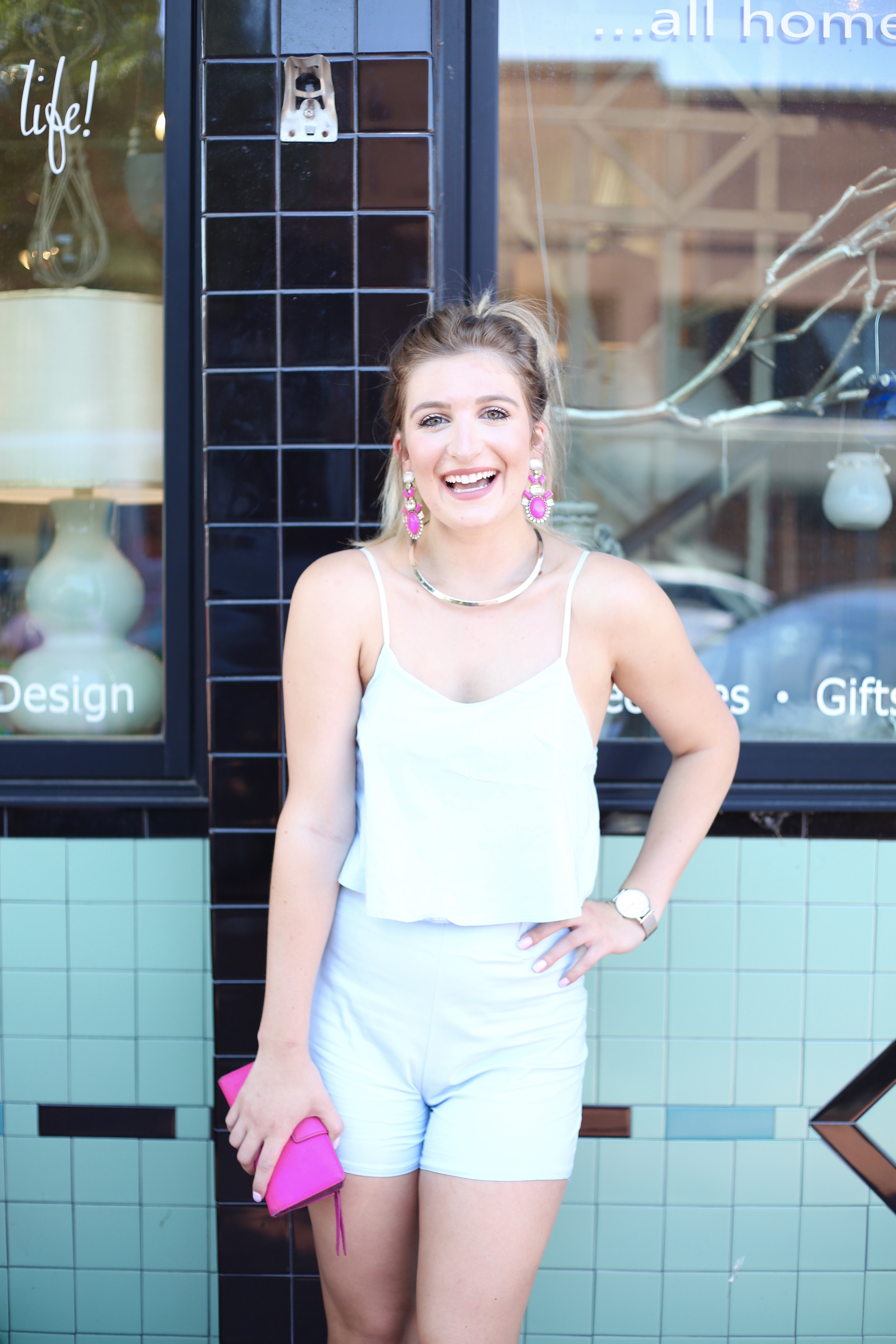 Light Blue Romper & Pink Statement Earrings | AMS Blog