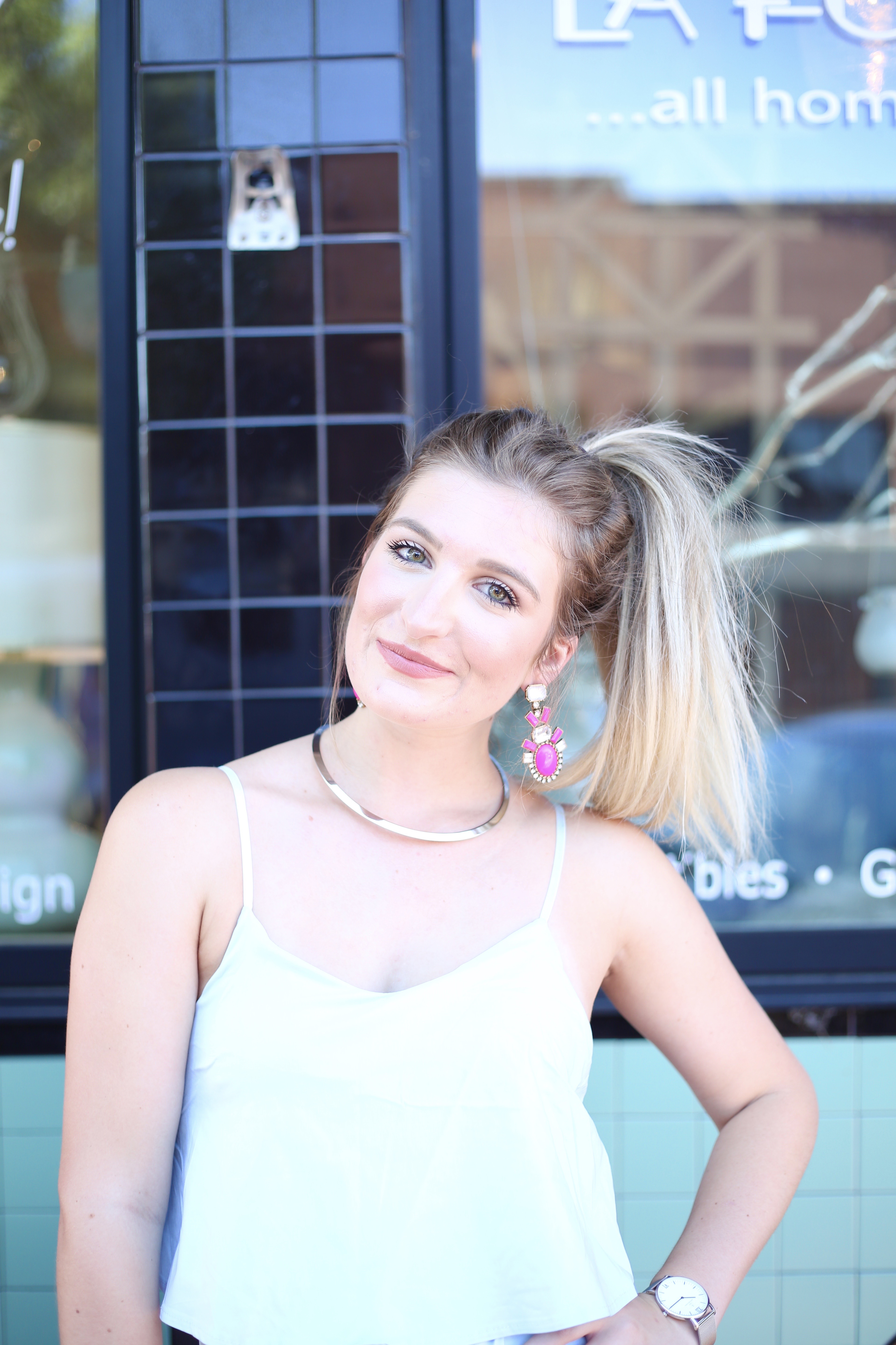 Light Blue Romper & Pink Statement Earrings | AMS Blog