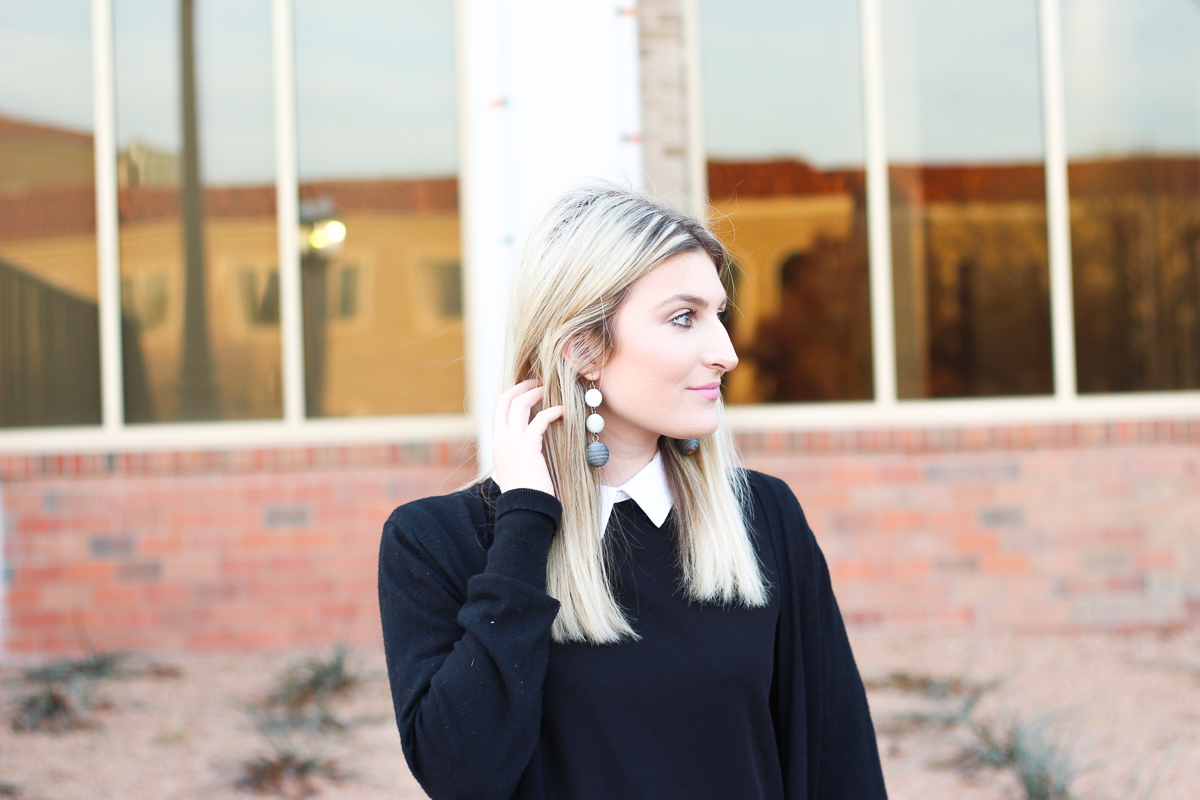 Black Winter Outfit and black booties under $50 by lifestyle blogger Audrey Stowe  | AMS Blog