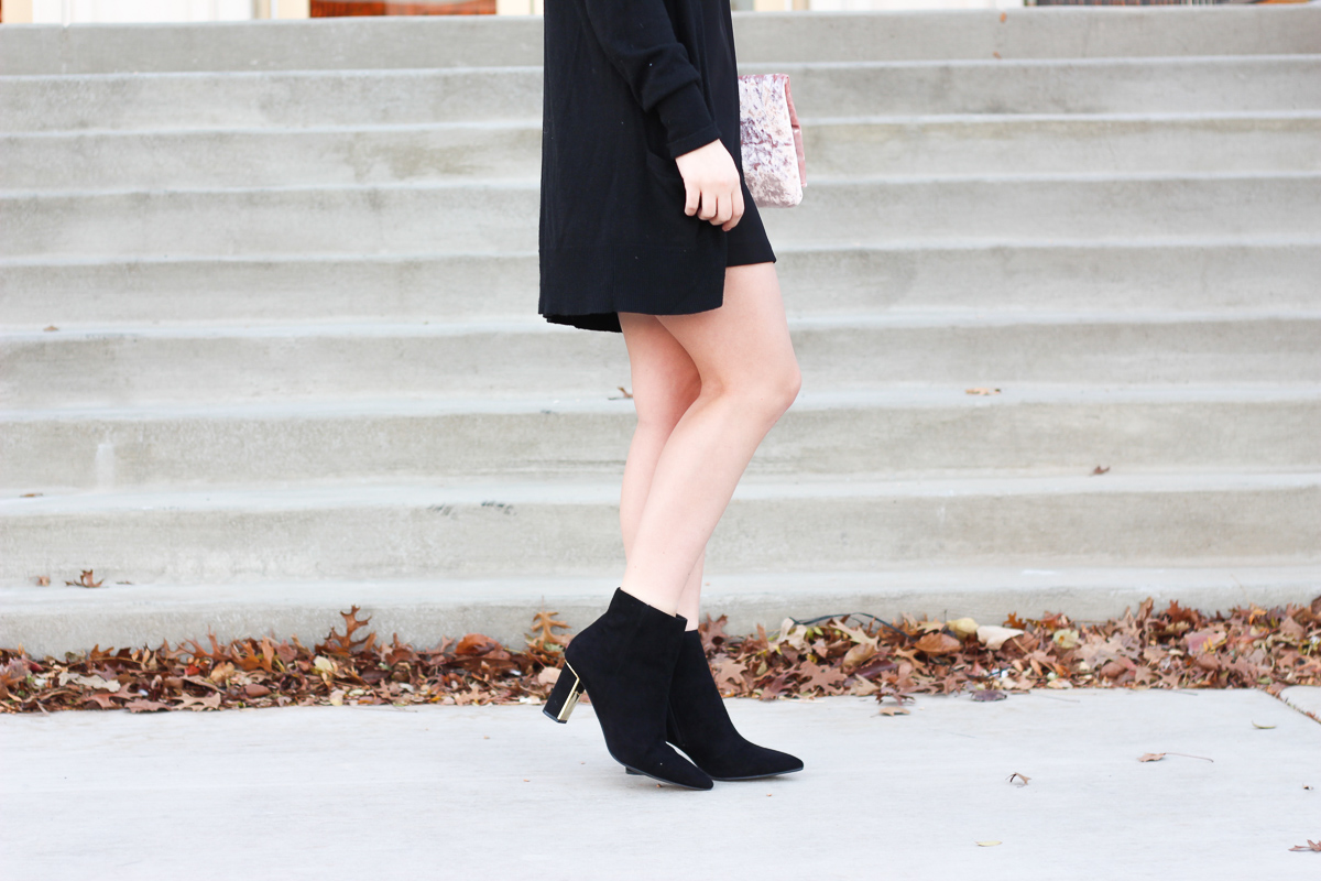 Black Winter Outfit and black booties under $50 by lifestyle blogger Audrey Stowe  | AMS Blog