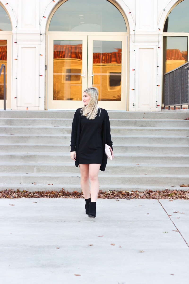 Black Winter Outfit and black booties under $50 by lifestyle blogger Audrey Stowe  | AMS Blog