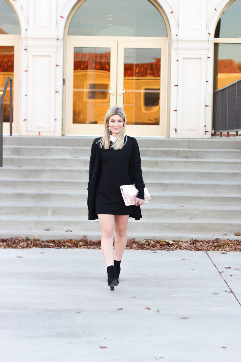 Black Winter Outfit and black booties under $50 by lifestyle blogger Audrey Stowe  | AMS Blog