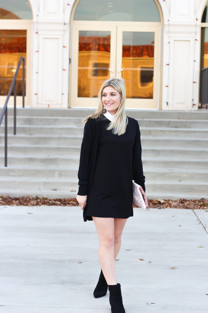 Black Winter Outfit and black booties under $50 by lifestyle blogger Audrey Stowe  | AMS Blog