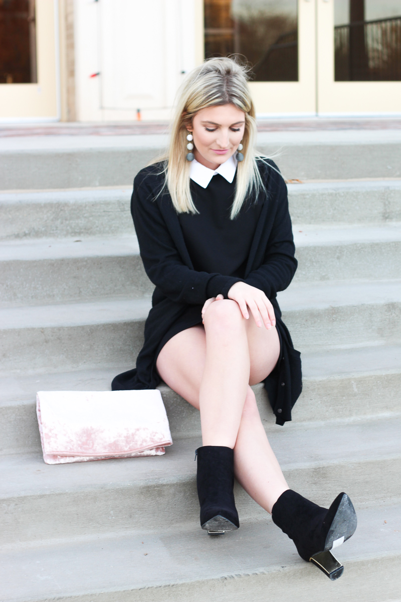 Black Winter Outfit and black booties under $50 by lifestyle blogger Audrey Stowe  | AMS Blog