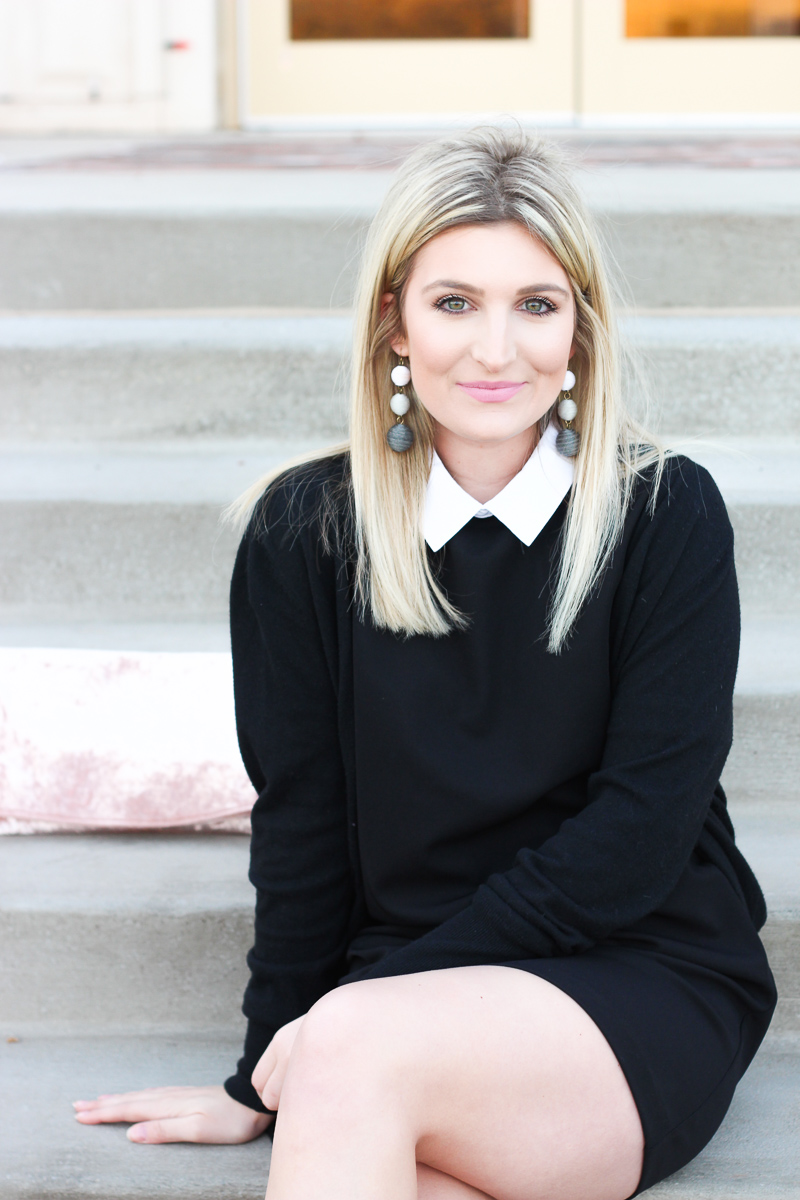 Black Winter Outfit and black booties under $50 by lifestyle blogger Audrey Stowe  | AMS Blog