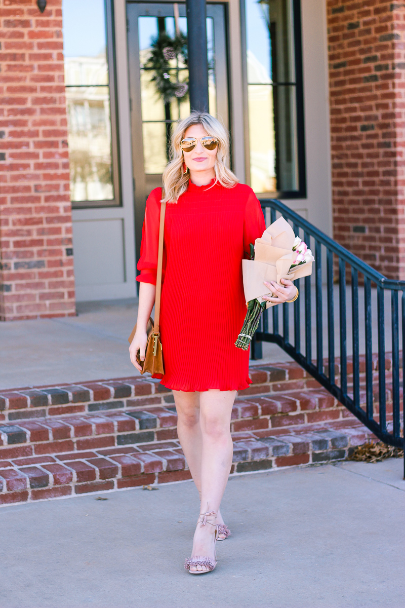 Red Pleated Dress for Valentine's by fashion and lifestyle blogger Audrey Madison Stowe