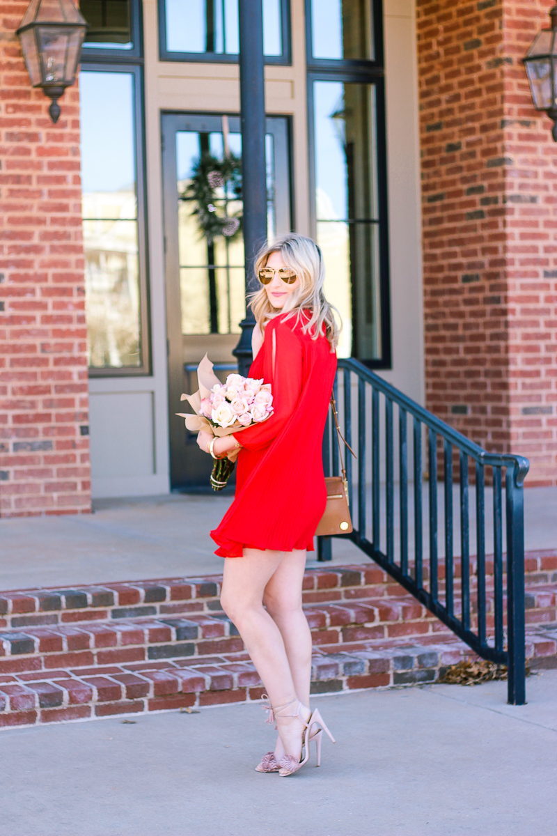 Red Pleated Dress for Valentine's by fashion and lifestyle blogger Audrey Madison Stowe