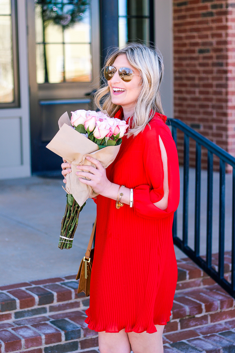 Red Pleated Dress for Valentine's by fashion and lifestyle blogger Audrey Madison Stowe