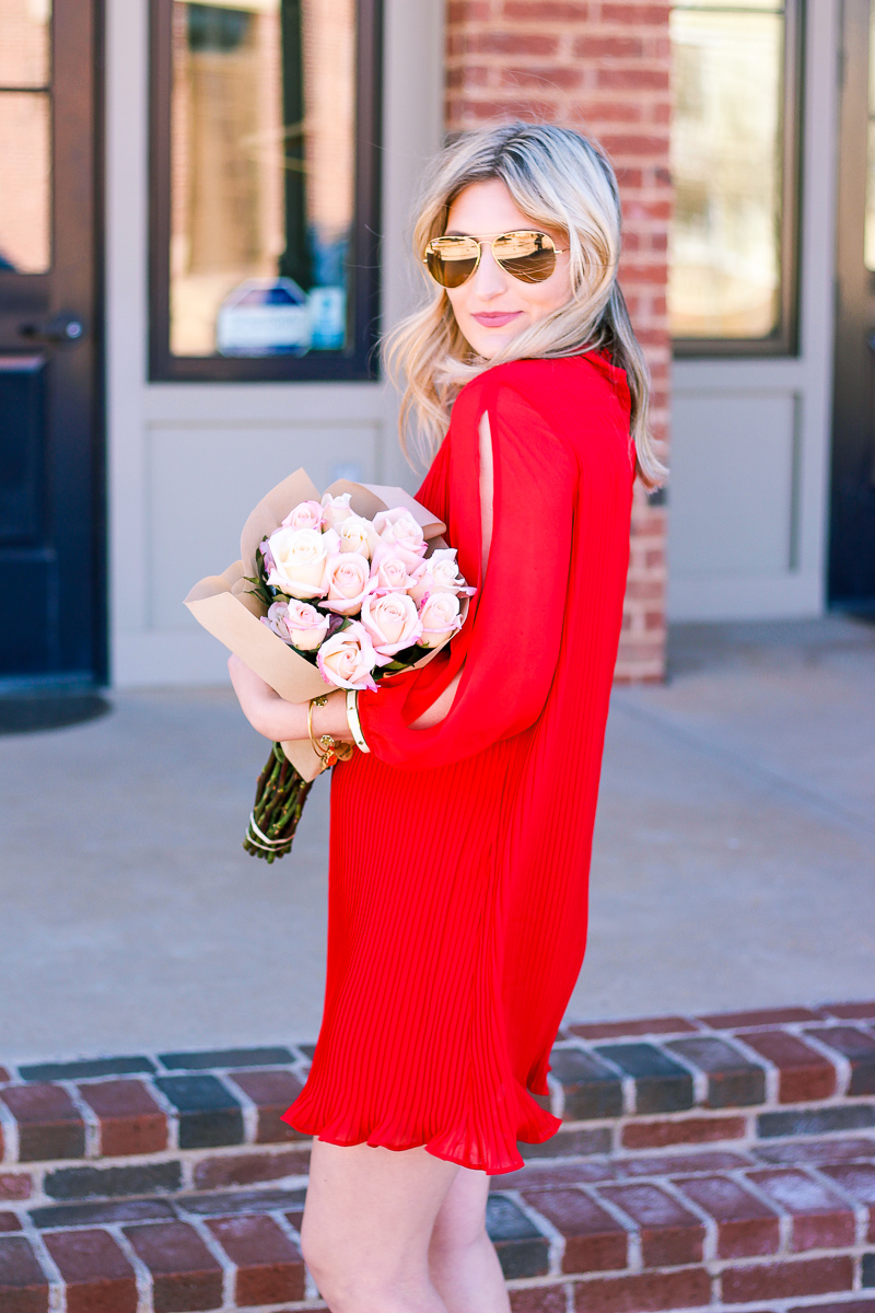 Red Pleated Dress for Valentine's by fashion and lifestyle blogger Audrey Madison Stowe