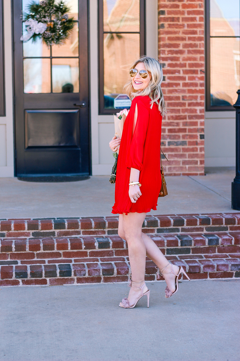 Red Pleated Dress for Valentine's by fashion and lifestyle blogger Audrey Madison Stowe