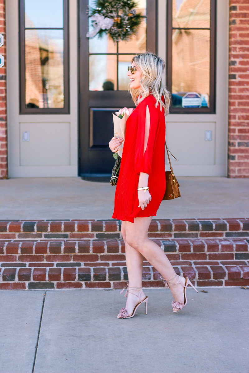 Red Pleated Dress for Valentine's by fashion and lifestyle blogger Audrey Madison Stowe