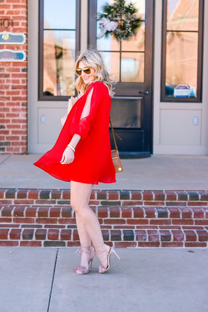 Red Pleated Dress for Valentine's by fashion and lifestyle blogger Audrey Madison Stowe