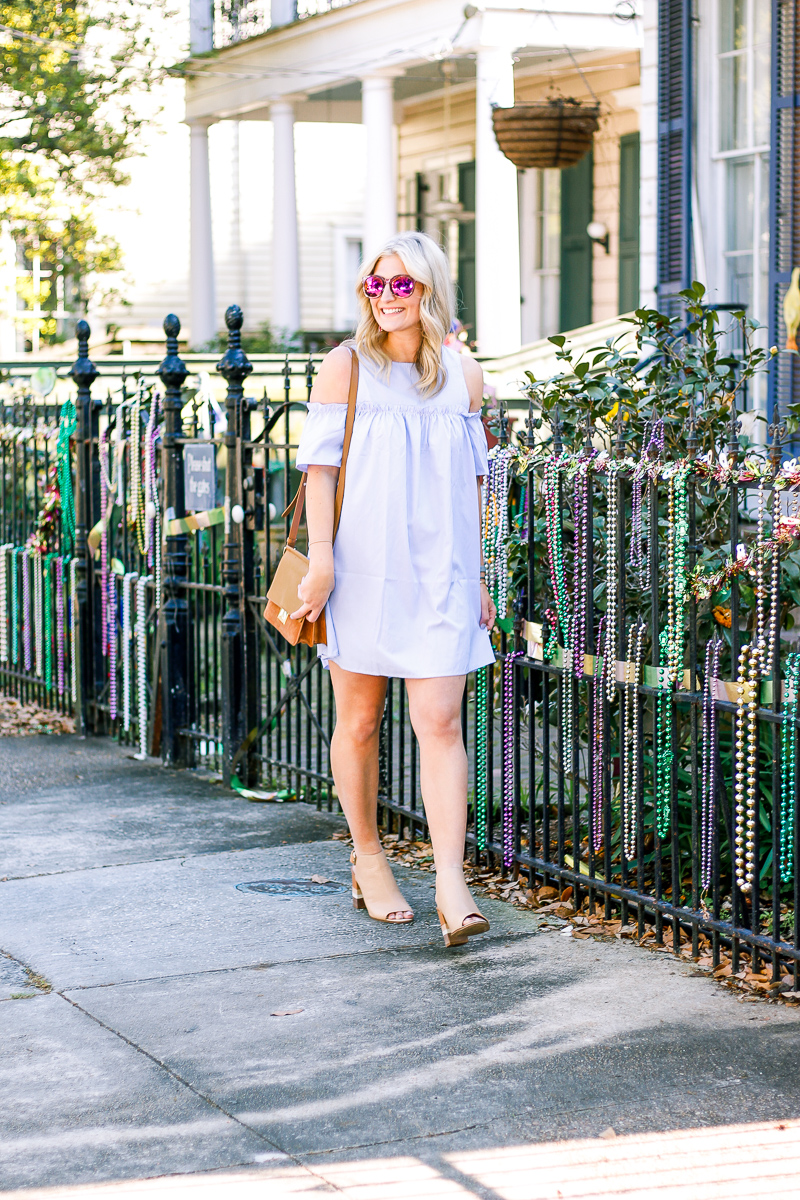 Blue Cold Shoulder Dress + Block Heels by life and fashion blogger Audrey Madison Stowe