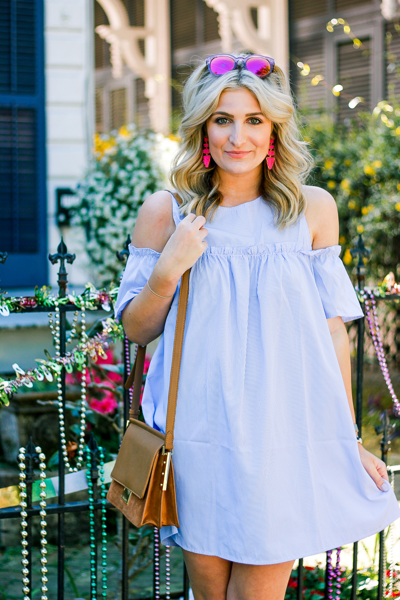 Blue Cold Shoulder Dress + Block Heels by life and fashion blogger Audrey Madison Stowe