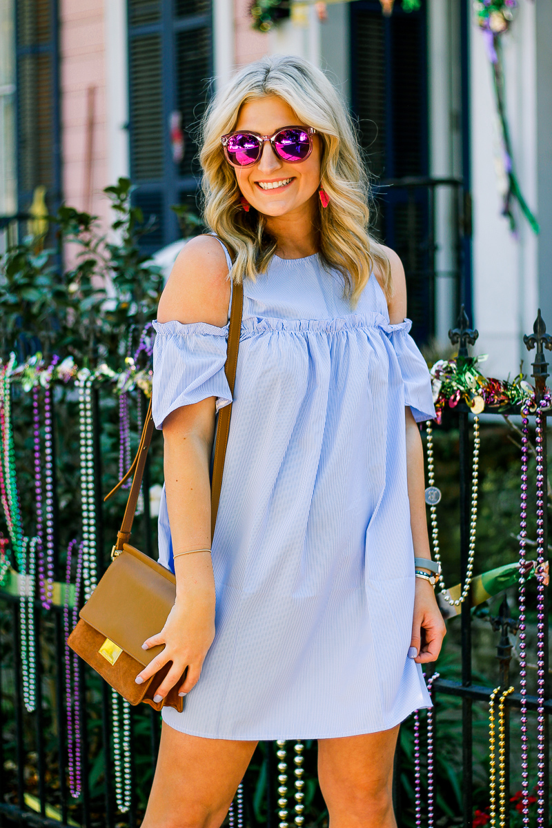 Blue Cold Shoulder Dress + Block Heels by life and fashion blogger Audrey Madison Stowe