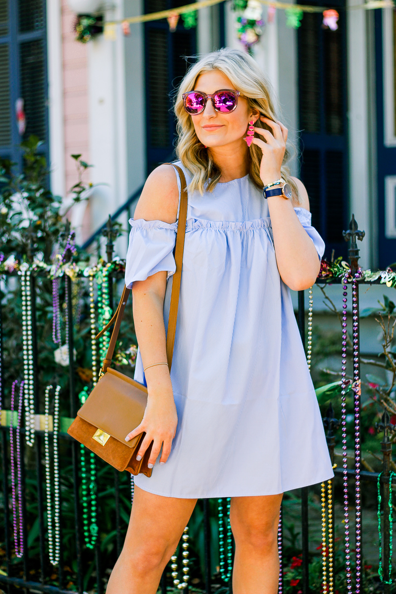 Blue Cold Shoulder Dress + Block Heels by life and fashion blogger Audrey Madison Stowe