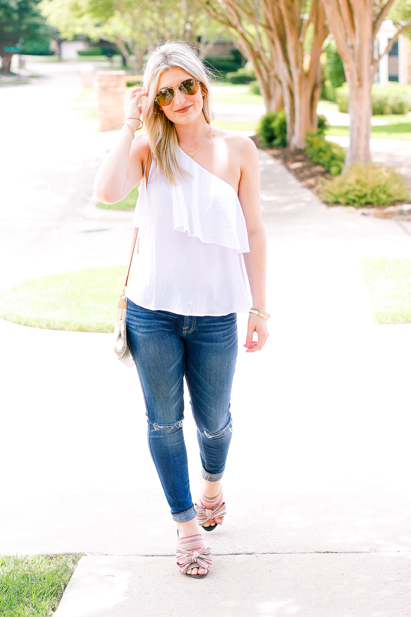 White One Shoulder Top + Bows on My Toes | Audrey Madison Stowe fashion and lifestyle blogger | Texas based | Easy Summer Look