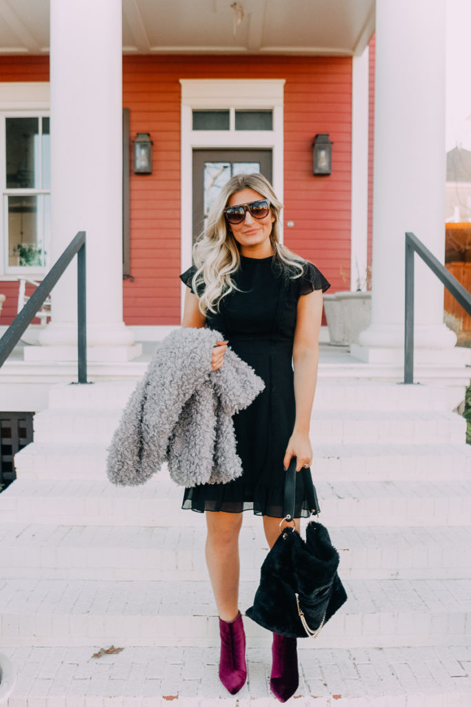 Black New Years Dress With Faux Fur | Lookbook | The Cutest New Years Eve Looks featured by top Texas fashion blogger Audrey Madison Stowe