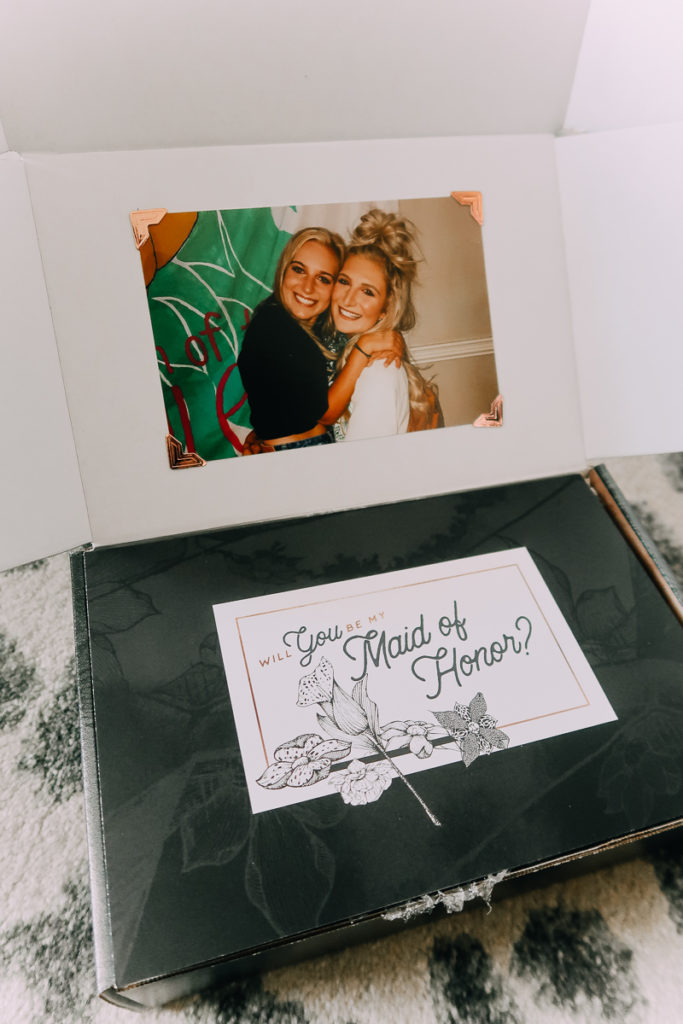 How to Ask your Bridesmaids featured by top US lifestyle blogger Audrey Madison Stowe; Bridesmaid box with photograph.