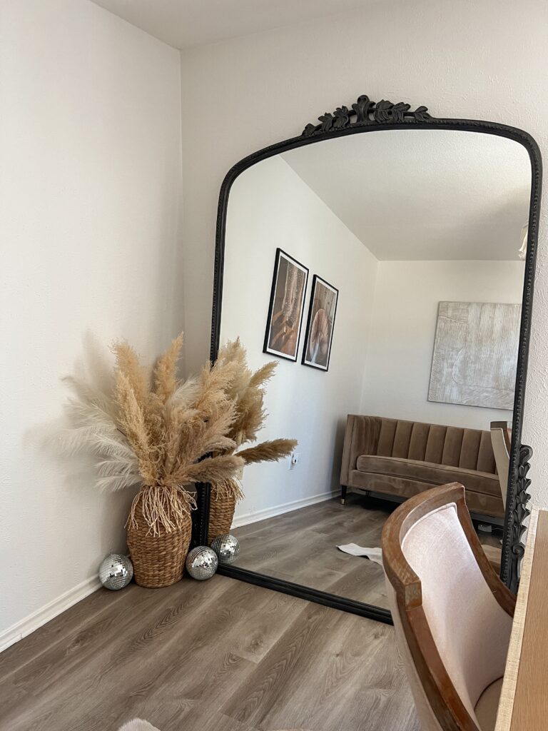 Anthropologie Primrose Mirror in Home Studio | Neutral Office inspo